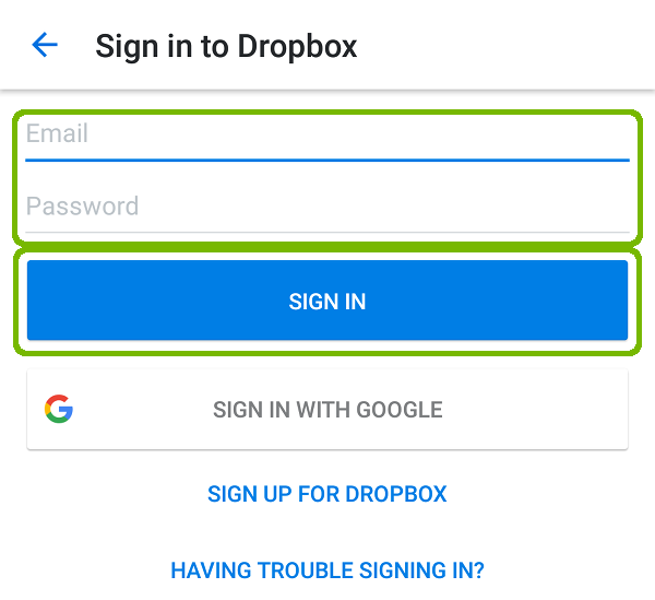 Dropbox Sign in with email, password, and sign in button highlighted.