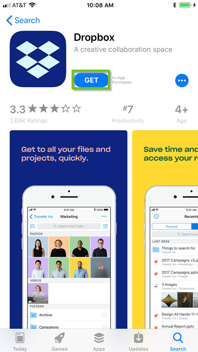 iOS dropbox app page with GET highlighted