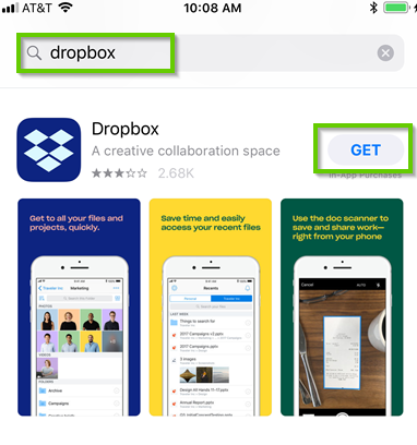 iOS app store searching for dropbox with GET highlighted