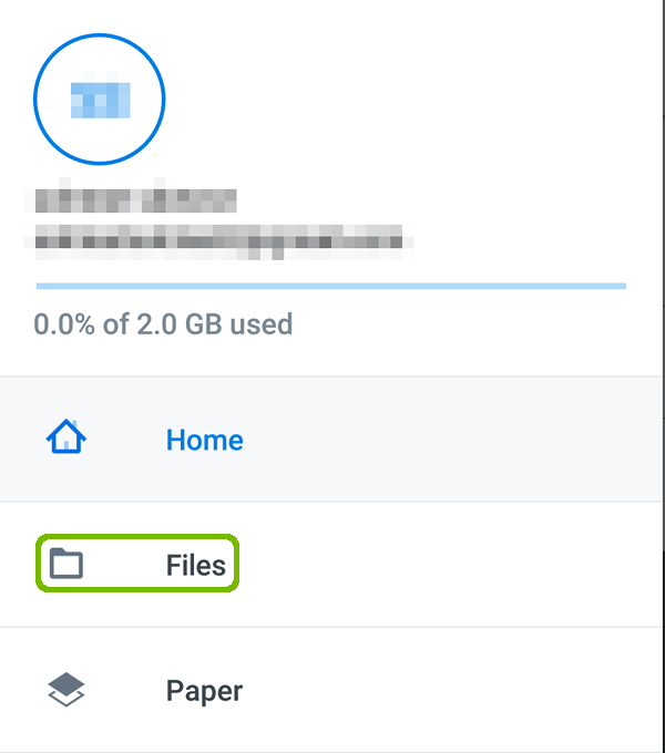Dropbox menu with Files highlighted.