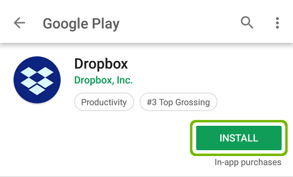 Dropbox store page with Install highlighted.
