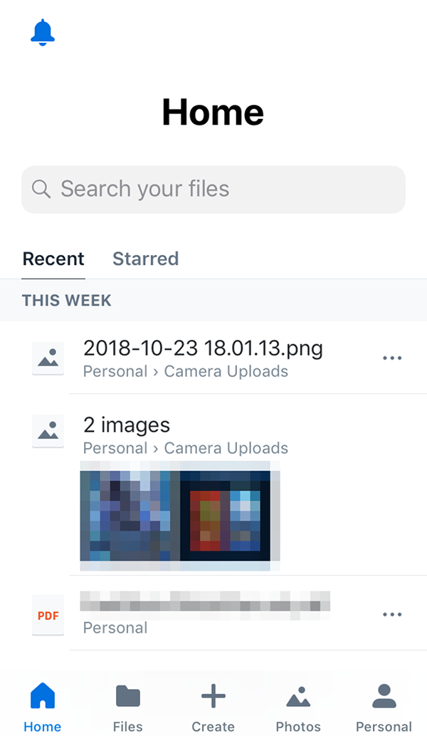 Dropbox Home screen.