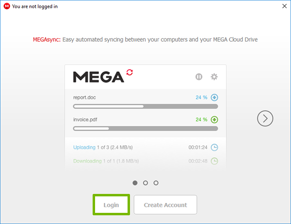 MegaSync Login welcome page with Login highlighted.