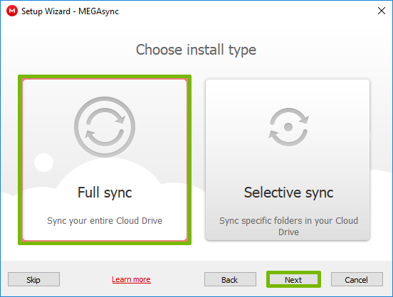 Install type with Full sync and Next buttons highlighted.