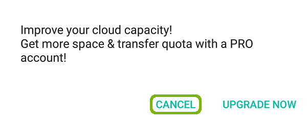 Pro account prompt with Cancel highlighted.