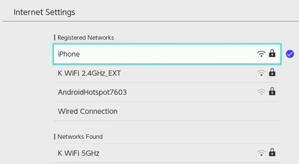 Nintendo Switch showing network selection