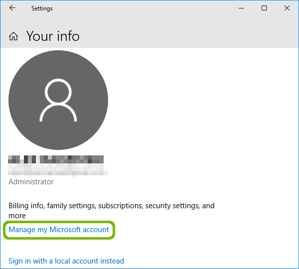 Your Info with Microsoft account signed in, Manage my Microsoft account highlighted.