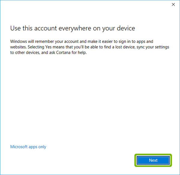 Microsoft account use message with Next highlighted.