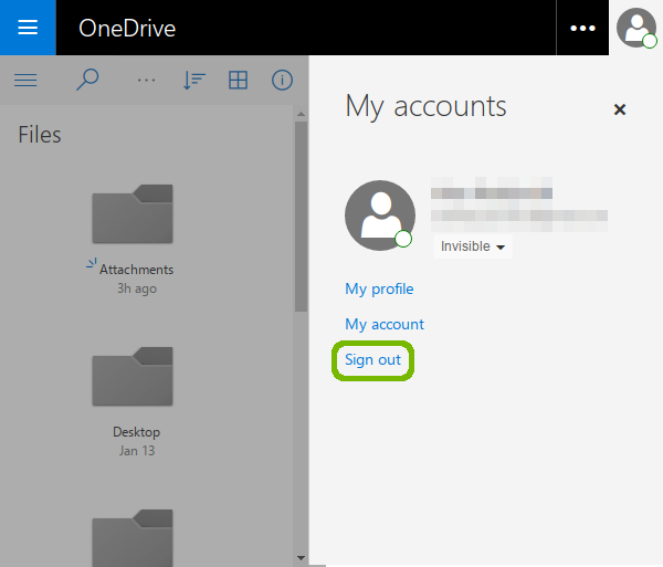 My accounts list with Sign out highlighted.