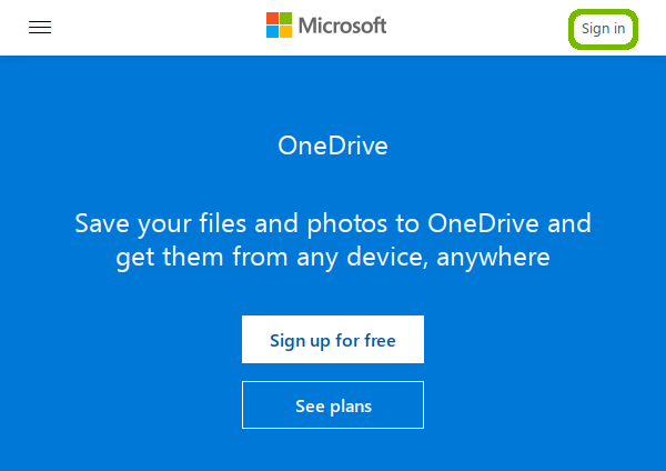 OneDrive home page with Sign in highlighted.