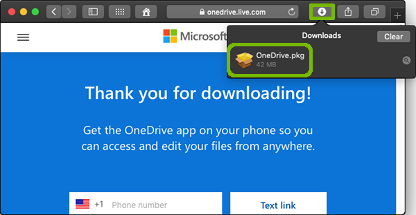 Download list with OneDrive package highlighted.