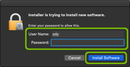 Password request with Username, Password, and Install Software highlighted.
