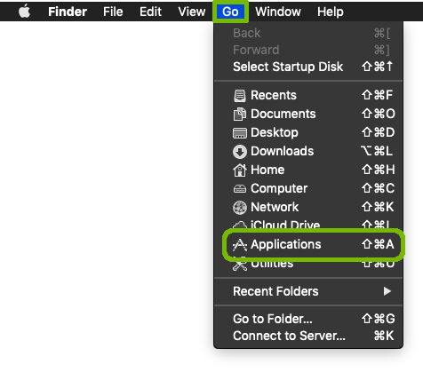 Finder menu with Go and Applications highlighted.