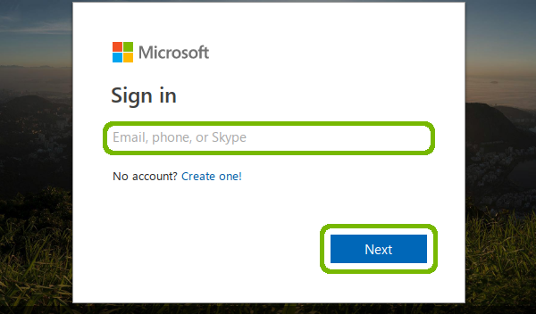 Microsoft sign-in with email and next button highlighted.