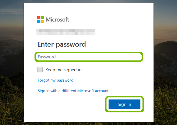 Microsoft sign in with password and Sign in button highlithed.