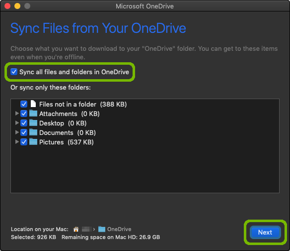 File choice with Sync all and Next button highlighted.