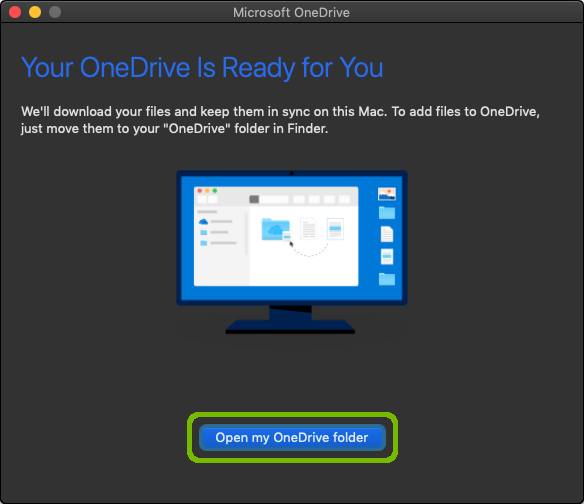 Setup complete, with Open my OneDrive folder button highlighted.