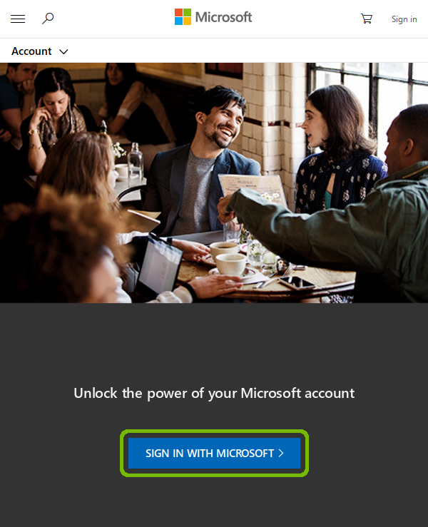 Microsoft account page with Sign in with Microsoft highlighted.