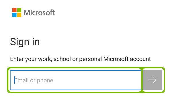 Microsoft account sign-in with Email and Arrow highlighted.