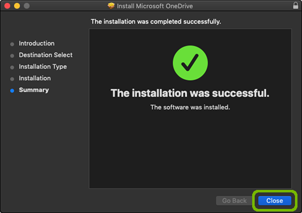 OneDrive installer complete with Close highlighted.
