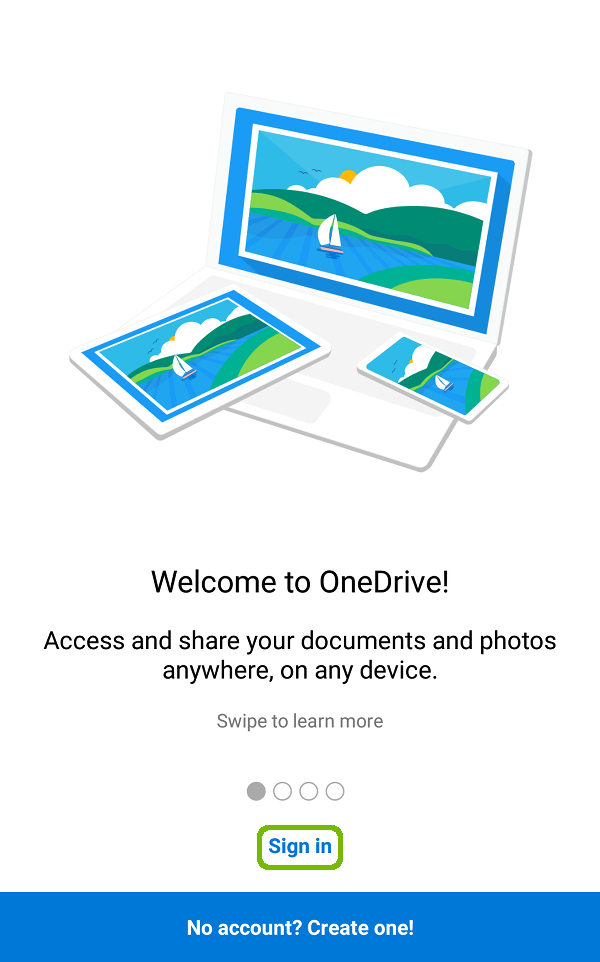 OneDrive configuration with Sign in highlighted.