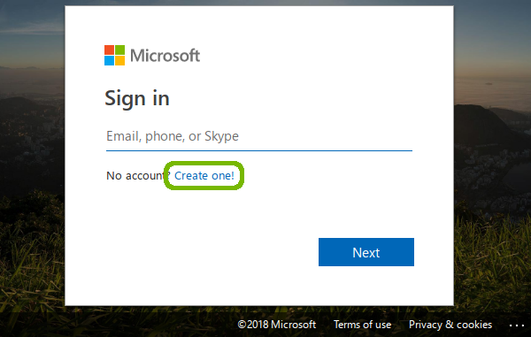 Microsoft sign-in with Create One highlighted.