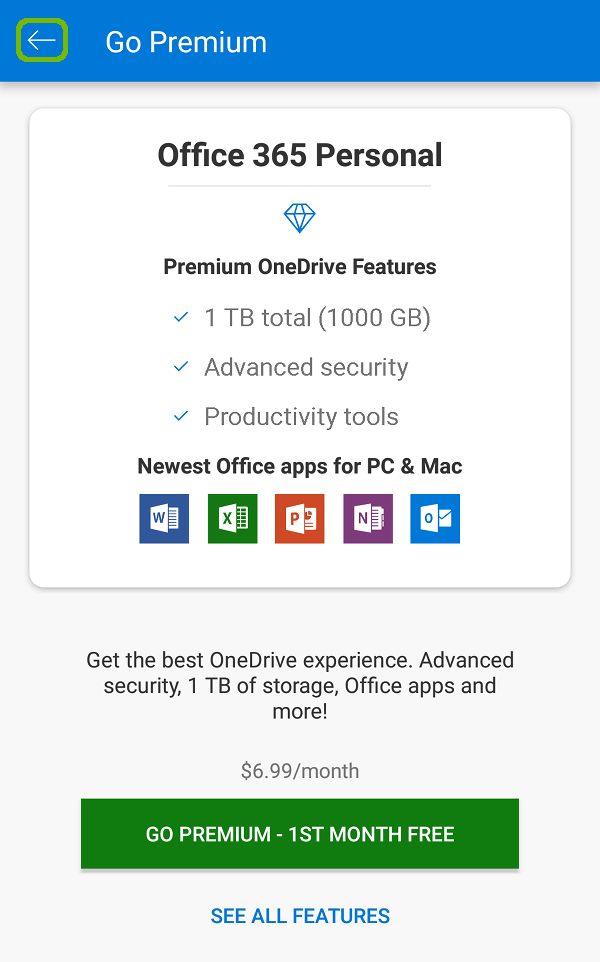Premium offer with back button highlighted.