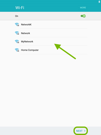 Wi-Fi networks pointed out and Next option highlighted in Android setup.