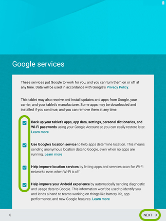 Checkboxes and Next option highlighted in Android setup.