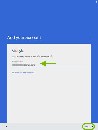 Email entry field pointed out and Next option highlighted in Android setup.