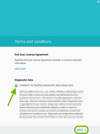 Checkbox pointed out and Next option highlighted in Android setup.