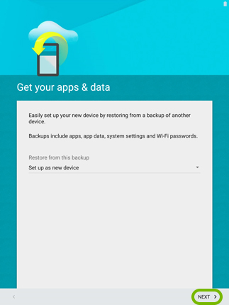 Next option highlighted in Android setup.