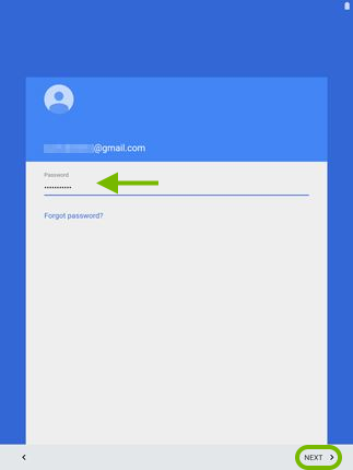 Password entry field pointed out and Next option highlighted in Android setup.