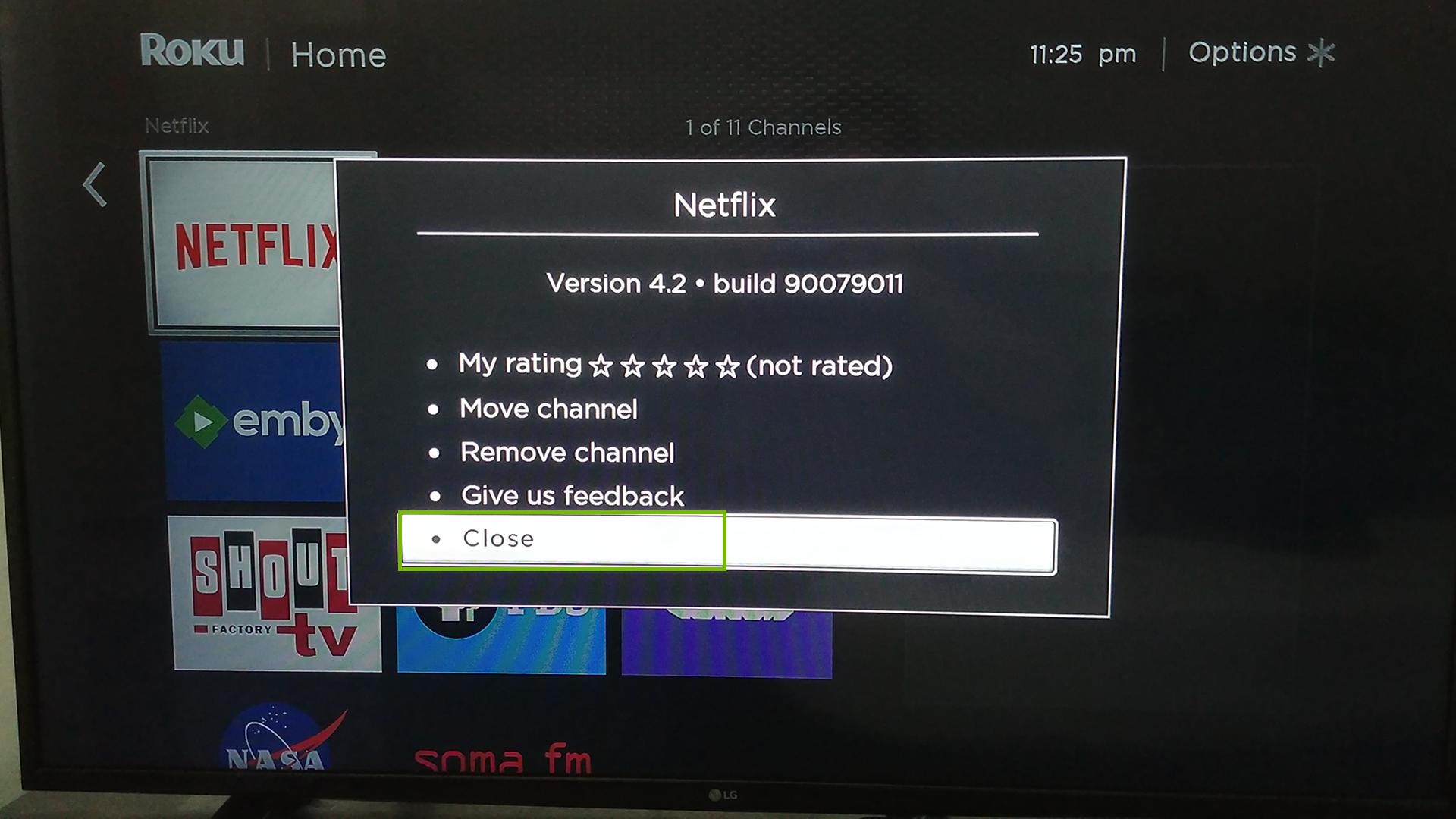 Roku TV app menu screen, highlighting the close option.