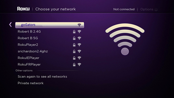 Roku TV Choose your network screen displaying a list of available Wi-Fi networks.