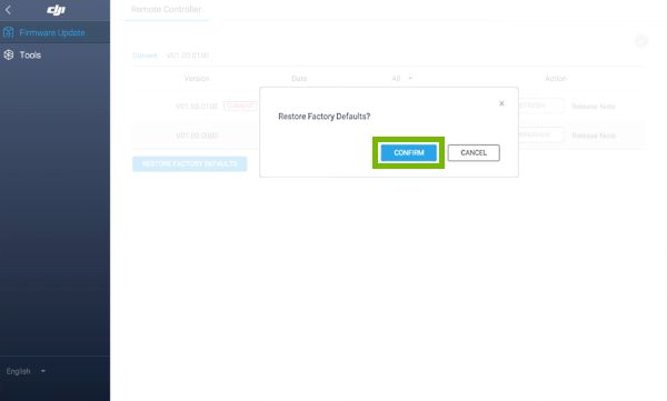 Confirm option highlighted on factory reset prompt.