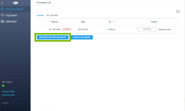 Restore Factory Defaults option highlighted in DJI Assistant 2.