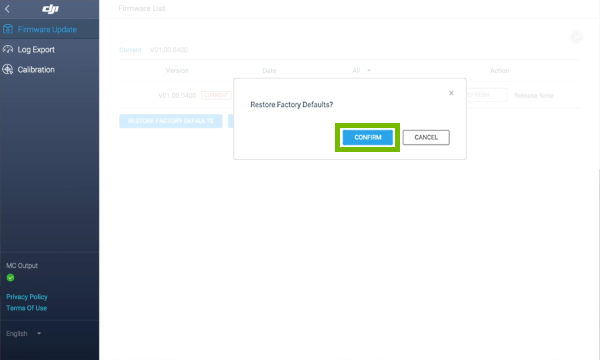 Confirm option highlighted on factory reset prompt.