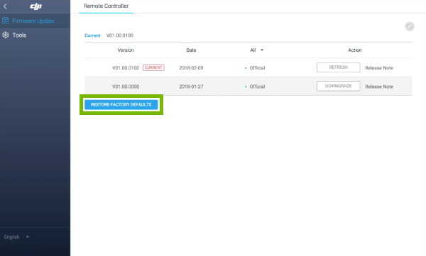 Restore Factory Defaults option highlighted in DJI Assistant 2.