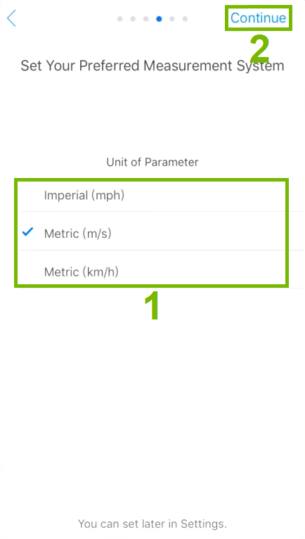 Measurement system choices and Continue option highlighted in activation step.