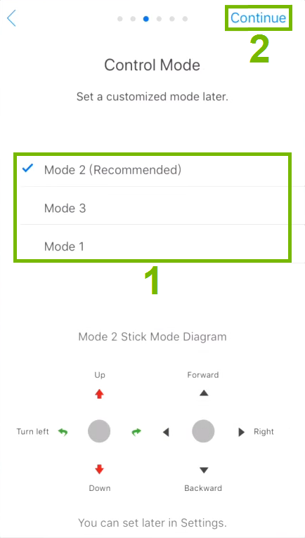 Control modes and Continue option highlighted in activation step.