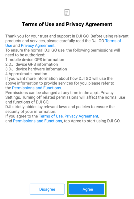 I Agree button highlighted on agreement acceptance screen.