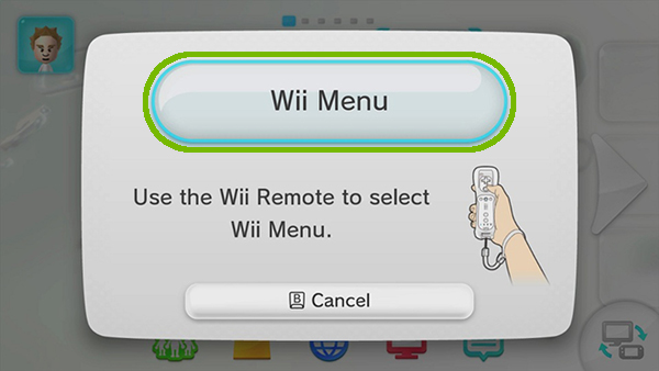 Wii menu prompt with Wii Menu button highlighted.