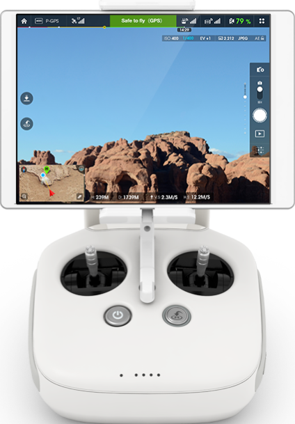 Phantom 4 remote control with display mounted.
