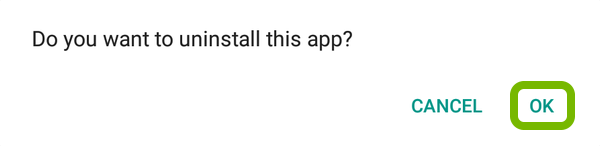 OK option highlighted on app uninstall confirmation prompt.