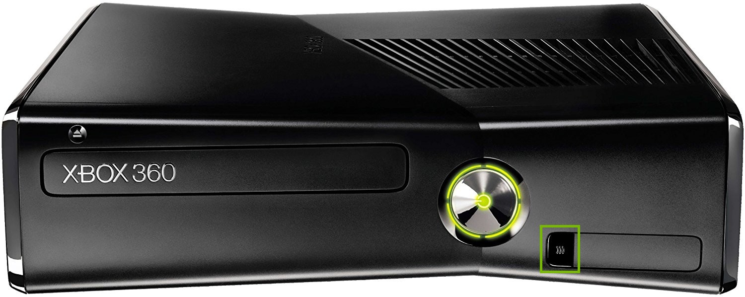Xbox 360 S console, highlighting the controller sync button.