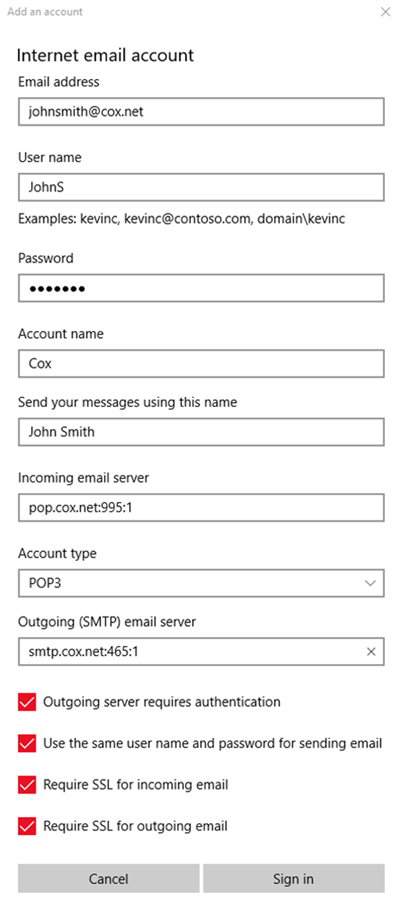Cox email settings for pop3