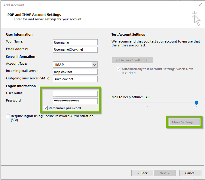 Outlook showing cox setup settings