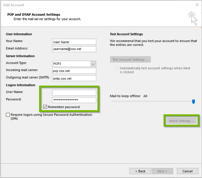 Outlook settings showing pop for cox
