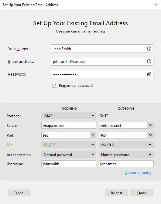 Cox email setup with configuration